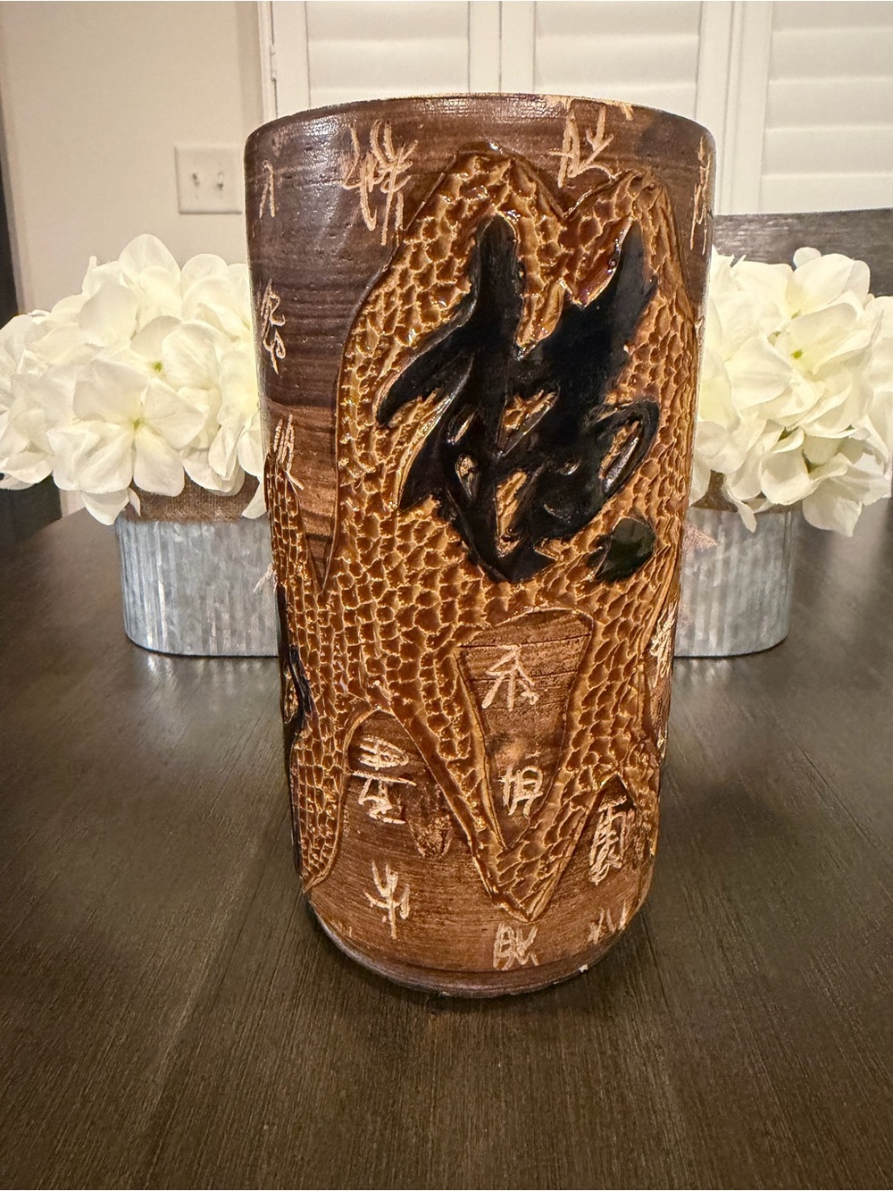 Vintage Hand Carved Chinese Clay Dragon Vase Tang Dynasty Poem 12" Relief Potter